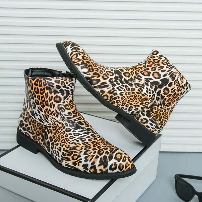 

Yellow Leopard Chelsea Boots Man Casual Boots High Quality Leather Boots Men Pointed Toe Zip Ankle Boots For Men botas masculino