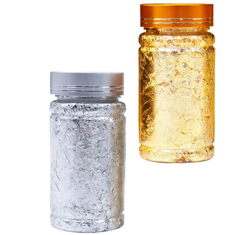2 ชิ้นกระดาษฟอยล์โลหะ Silver Gold Leaf Flakes สําหรับ DIY Craft จิตรกรรม Gilding Crafting เล็บ (Silver Gold)