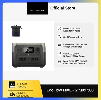 EcoFlow ECOFLOW Portable Power Station RIVER 2 Max 500 with Bag, 499Wh LiFePO4 Battery/ 1 Hour Fast Charging, Up To 1000W Output
