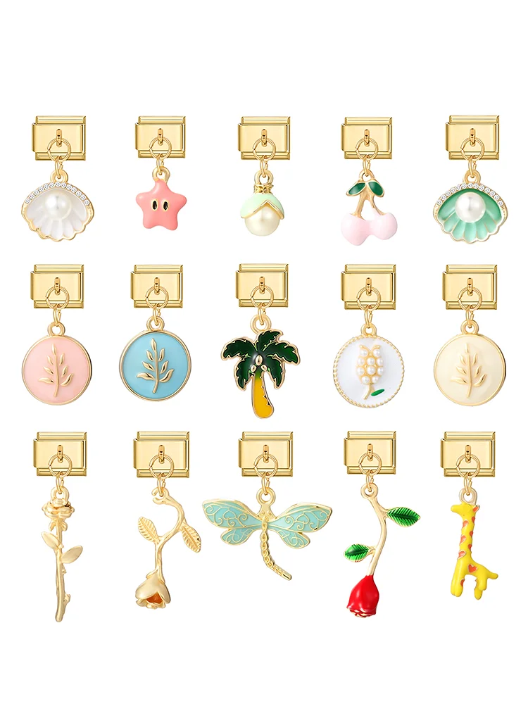 Coquille Rose branche feuilles mignon étoile girafe couleur or italien charme liens ajustement 9mm Bracelet en acier inoxydable hommes femmes bricolage fabrication