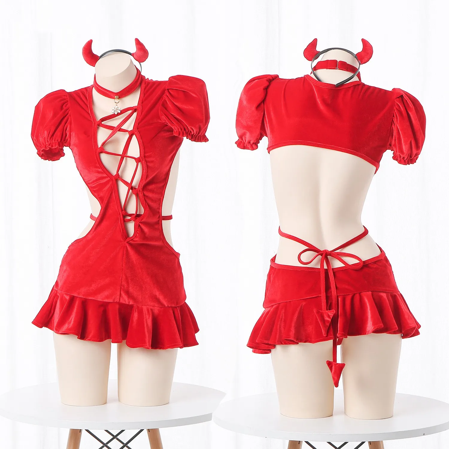 Kawaii Red Hot Sexy Hollow Out Pajamas Backless One Piece Dress Jumpsuit Bandage Costumes Bodysuit For Women Christmas Cosplay