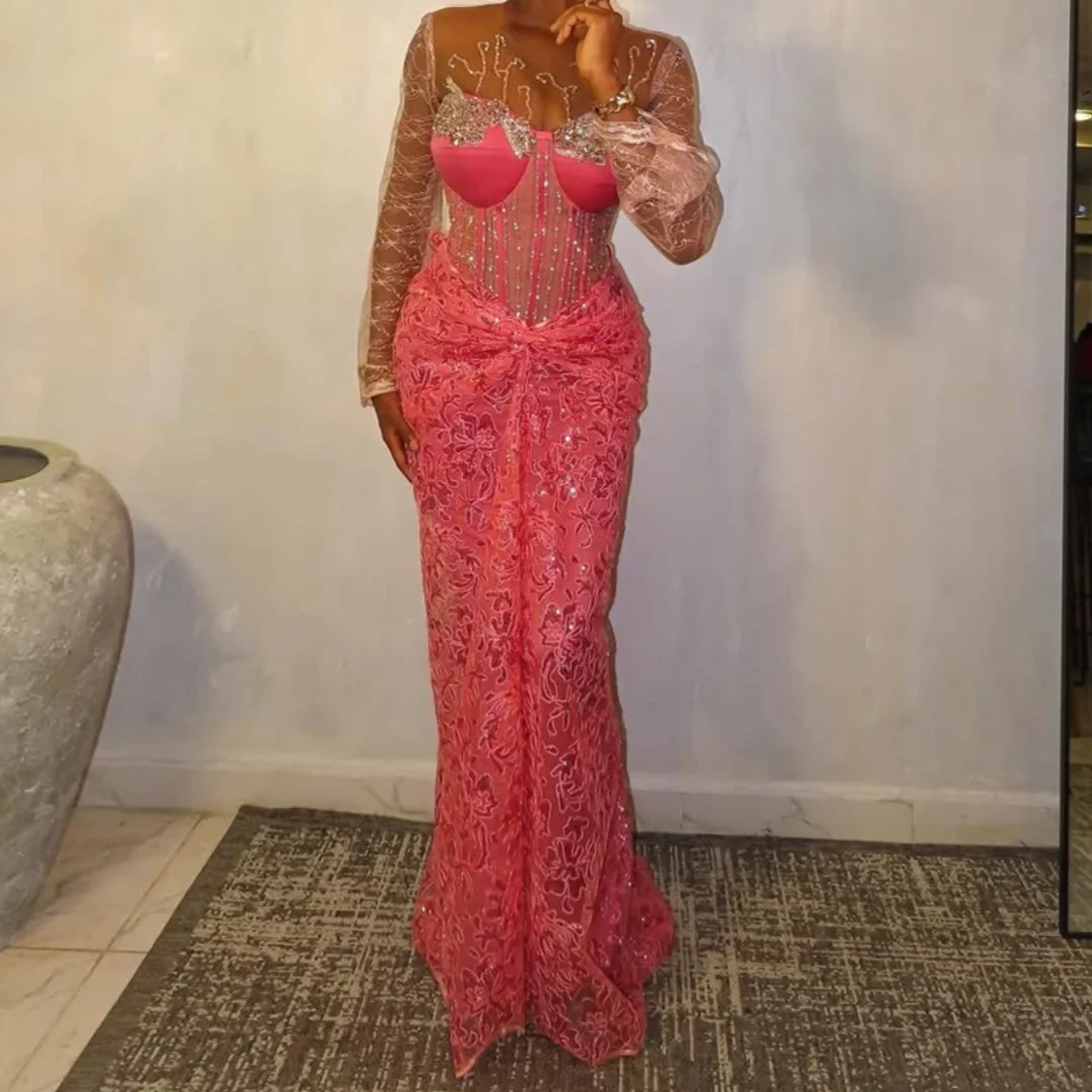 

Luxury Beaded Lace Nigerian African Birthday Dress Pink Lace Wedding Reception Dress Plus Size Evening Party Gown Customized