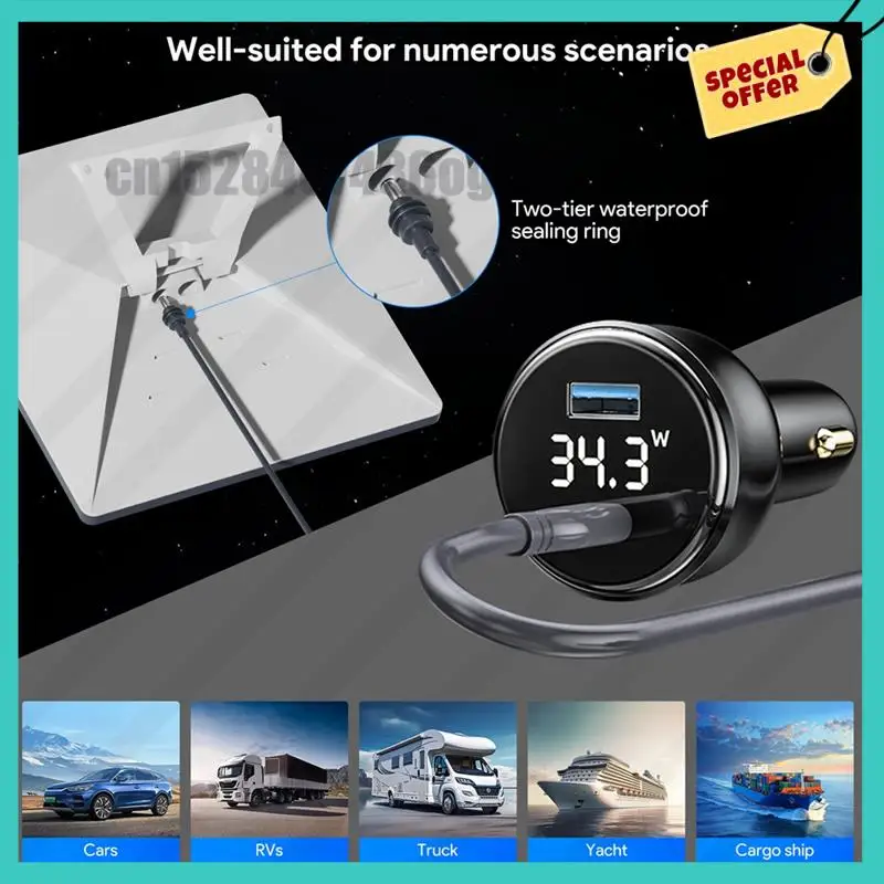 -ABJZ لشاحن سيارة Starlink Mini 100W 2 في 1 مع كابل 3 أمتار من النوع C إلى تيار مستمر شاشة LED إدراج ثقب ولاعة السجائر
