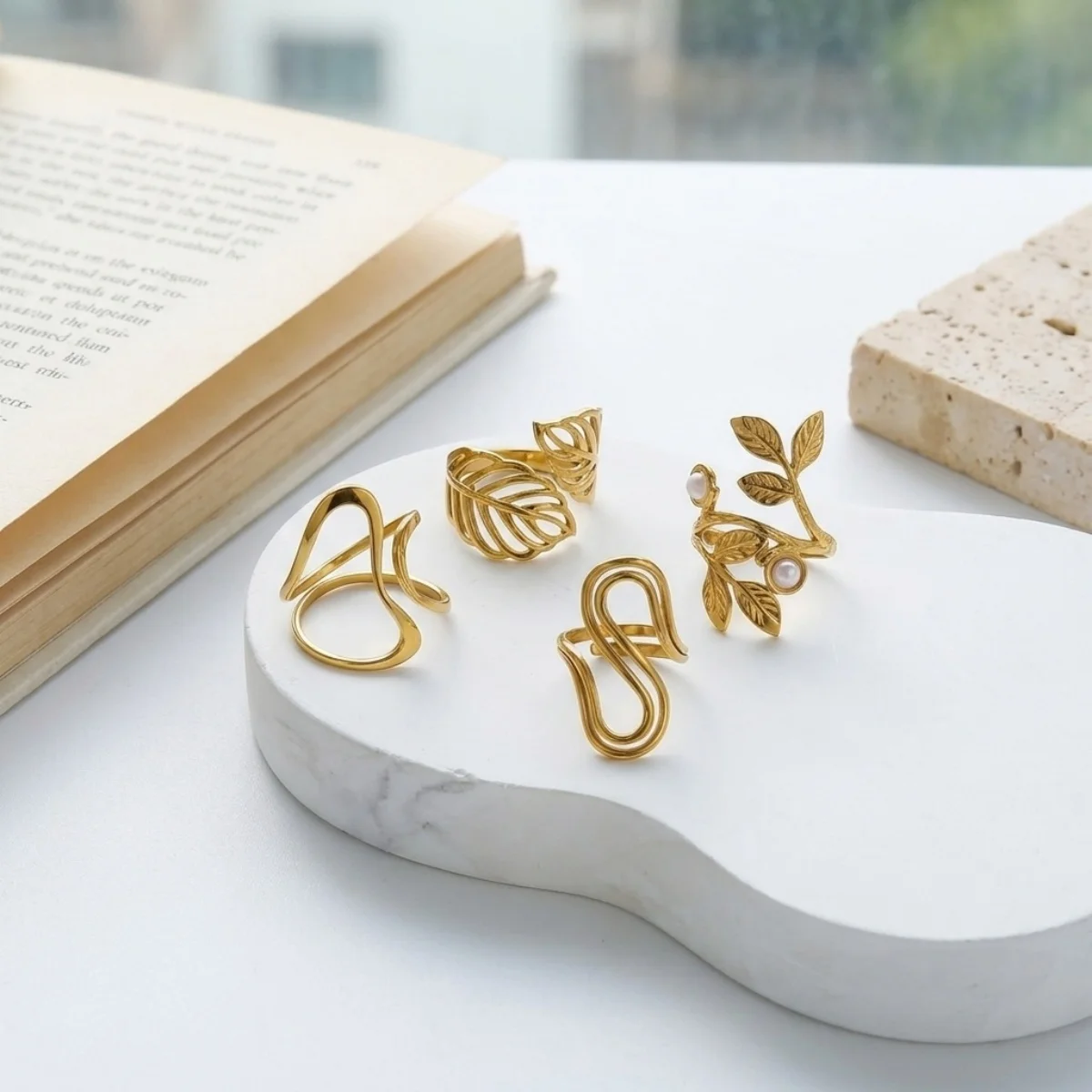 Hohle, doppelte Kreisringe aus Edelstahl mit Blattmuster und Imitationsperlen, S-förmige Ringe für Damen und Herren, Punk-Geometrie, stapelbare Ringe, Schmuck. – Detail 15