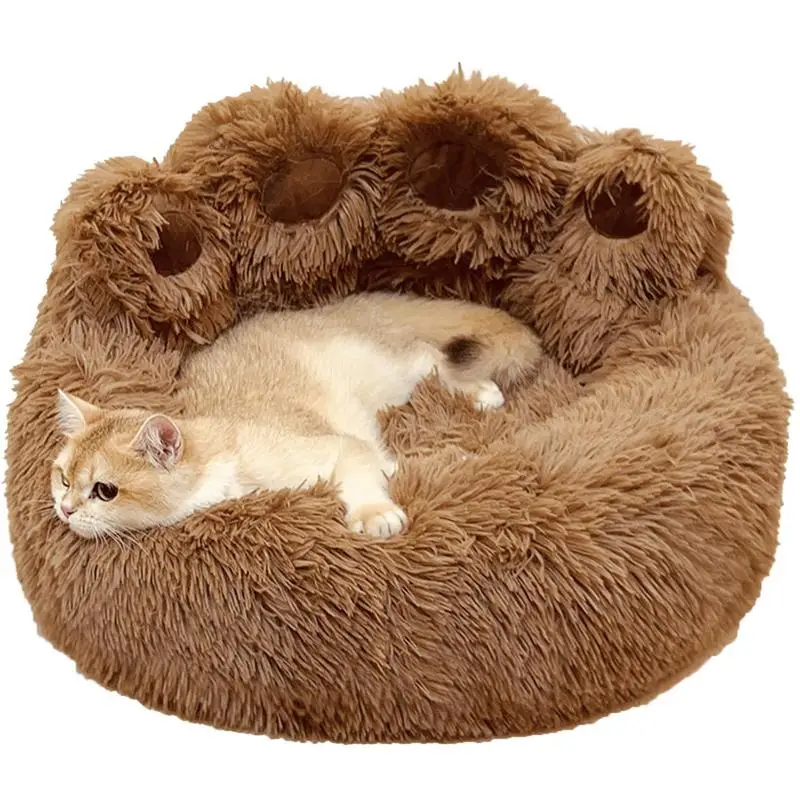 

23.6 Inches Pet Round Bed Paw Shape kennel cat bed winter warm long haired bed Soft Fluffy Faux Fur Cat Cushion pets accessories