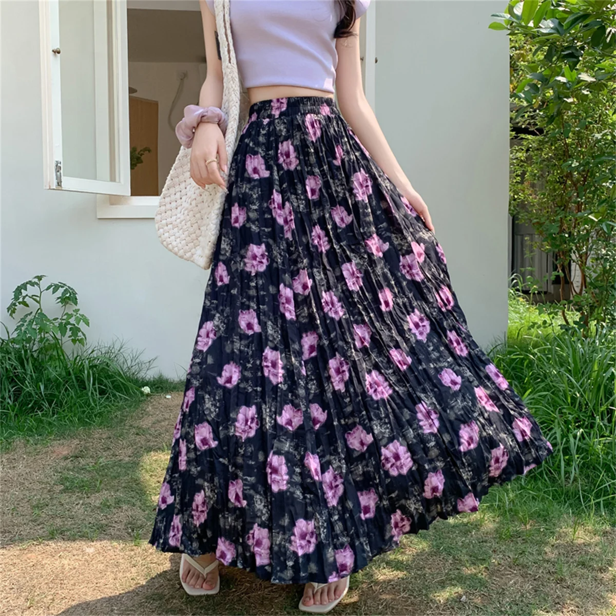 

Summer Colorblock Printing A Line Long Maxi Skirts For Women High Waist Folds Chiffon Elegant Skirt Female Women Clothes