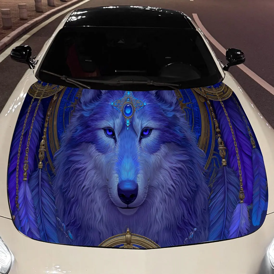 

Dark Style Wolves and Dreamcatcher Car Engine Hood Sticker, Auto Vinyl Wraps, Waterproof Self-adhesive Vehicle Decal, Durable &