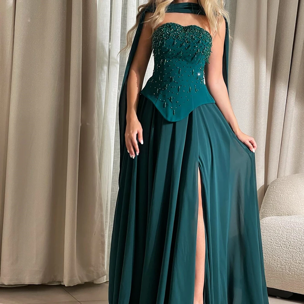 

Customized A-line Evening Dresses Floor-length Strapless Sleeveless Prom Gown Fashion Beading Sequiend Stole Draped Party Gown