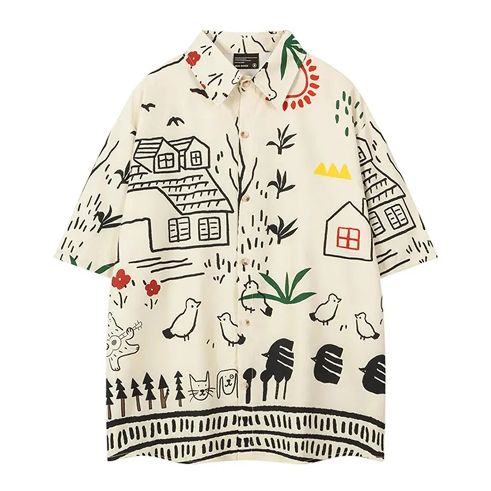 

Mens Cartoon Graffiti Pastoral Casual Shirt Streetwear Fashion Hawaiian Beach Vacation Youth Trendy Top Men'S Clothing 2026 New
