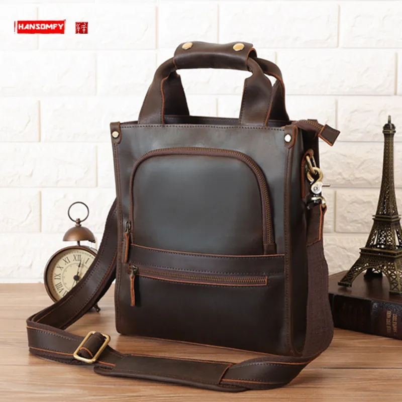 

New Retro Crazy Horse Leather Men Handbags Vertical Large Capacity Outdoor Travel Genuine Leather Shoulder Messenger Bag For Men