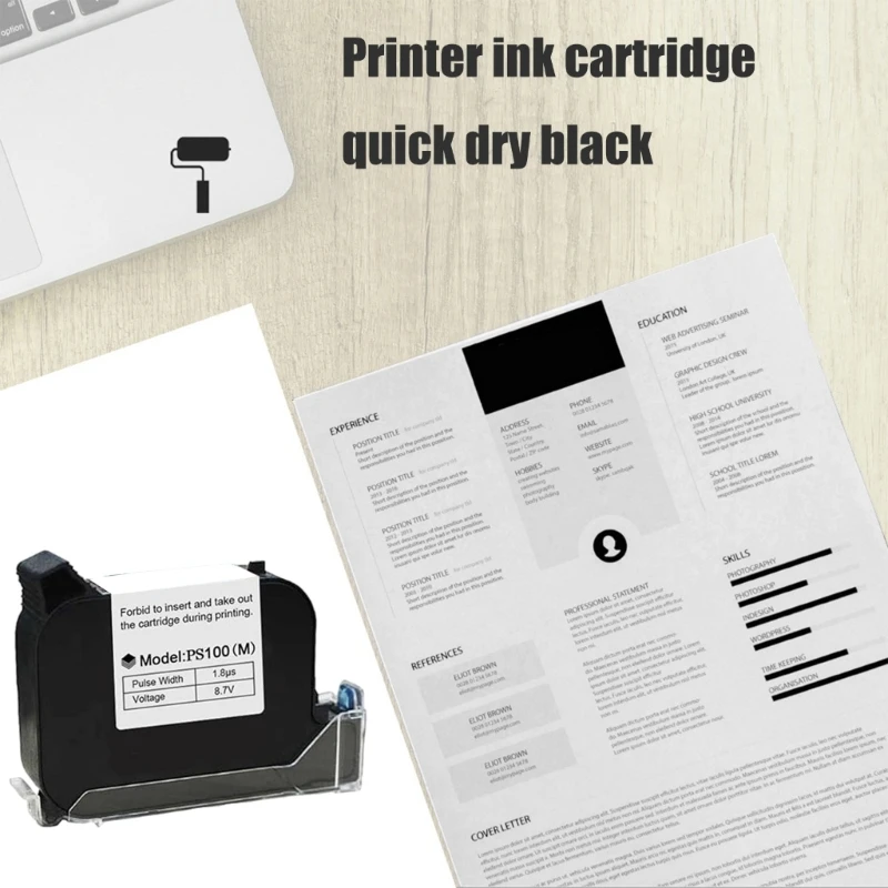 PS100(M) Quick Dry Black Inkjet Cartridge for Handheld Inkjet Printer, Works on Paper Fabric Wood Ceramics Glass Various