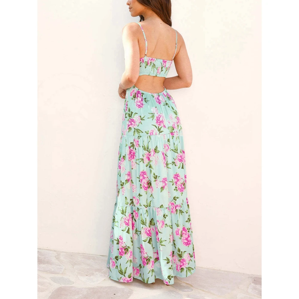 꽃 프린트 드레스 여름 스파게티 스트랩 맥시 민소매 셔링 가운 셔링 컷 아웃 백 여성 드레스 휴가 보헤미안