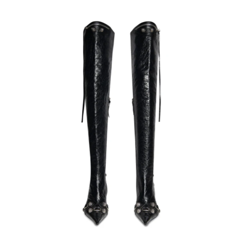 Arden Furtado Four 2024 Spring Tassel Over The Knee Boots Pointed Toe Stilettos Heels Side zipper Belt buckle Rivet Modern boots