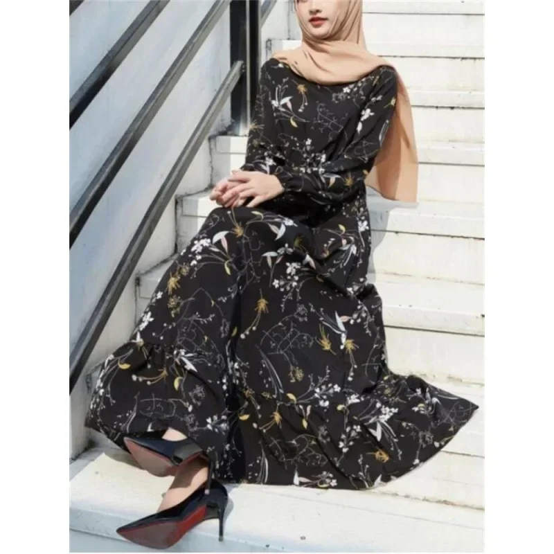 Floral Print Muslim Dress Women Abayat Big Swing Long Dresses Robe Femme Musulmane Muslim Hijab Abaya Ramadan Islamic Clothing