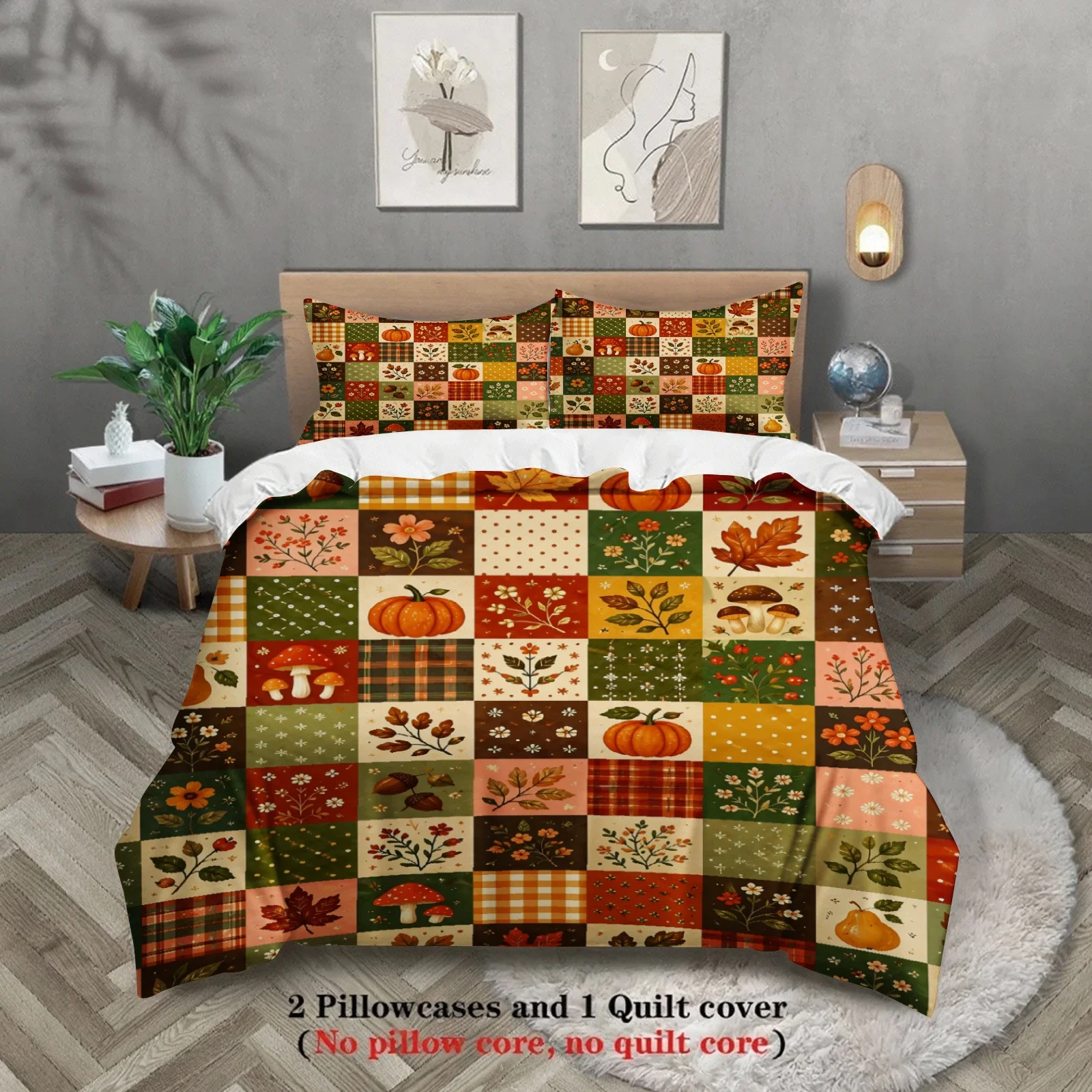 3Pc Bedding Set Pumpkin Mushroom Gourd Maple Floral Print Soft Microfiber 1Duvet Cover+2Pillowcases Home Decoration No Comforter