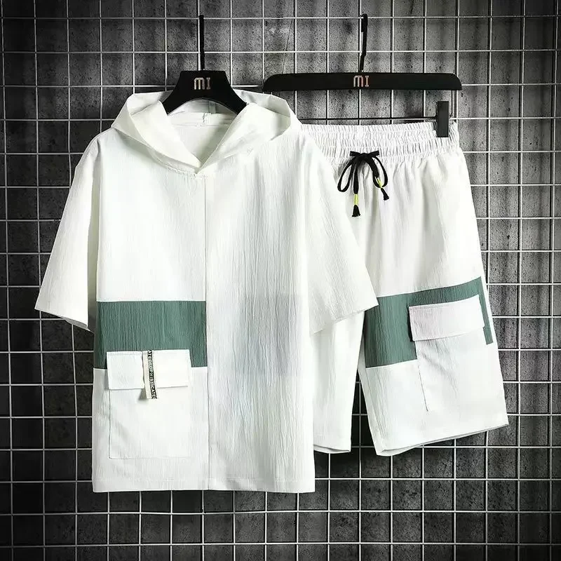 LIBIELIY Summer Multi-pocket Tracksuits Men Summer Patchwork Shirts+Loose Cargo Shorts 2 Pcs Sets High Street Beach Suits Men C