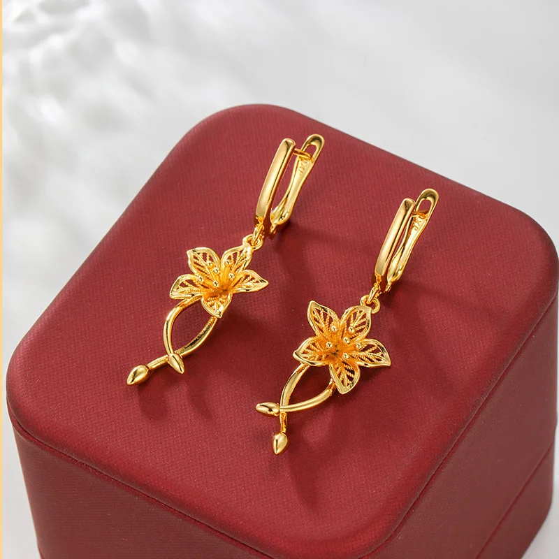 

Luxury 24K 9999 Pure Gold real gold Women's Flower Tassel Ear Buckle