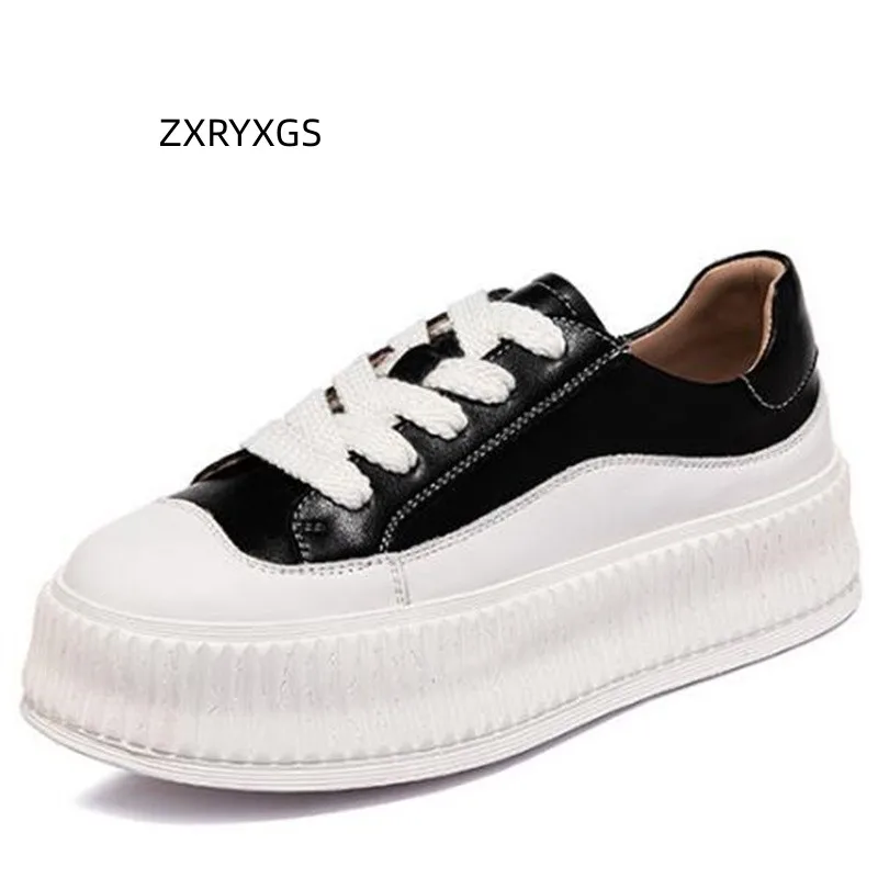 

ZXRYXGS 2024 New Spring Genuine Leather Shoes Leisure Sneakers White Shoes Platform Heightening Shoes Black Women Sneaker Tide