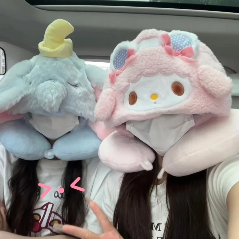Anime Stitch U-Shaped Hooded Neck Pillow Kawaii Figure My Melody Dumbo Travel Soft Comfortable Cervical Pillow Partner Gift