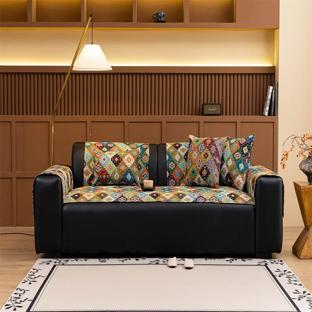 Retro Chenille Sofa Cushion Cover Universal Non-Slip Fixed Straight Row All-Seasons Slipcover for Home Comfort