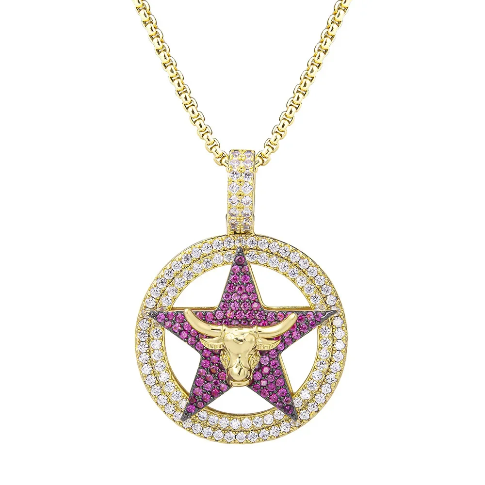 4mm Cuban Link Chain with Round Pentagram Pendant Hip Hop Men's and Women's Bullhead Necklace Gold Plated Jewelry