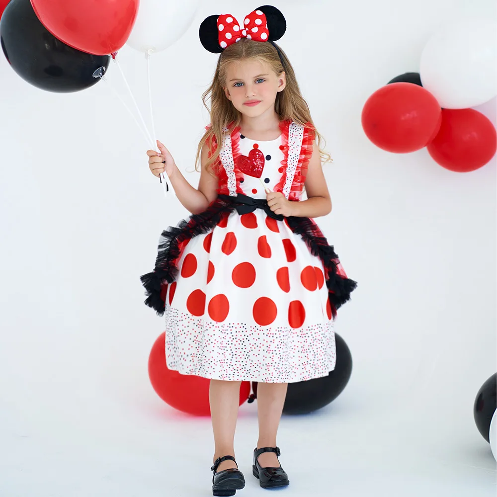 4-10 Years Kids Girls Sweet Lovely Spots polka dot large bow Children's princess skirt Dress Birthday Performance Wear Cosplay