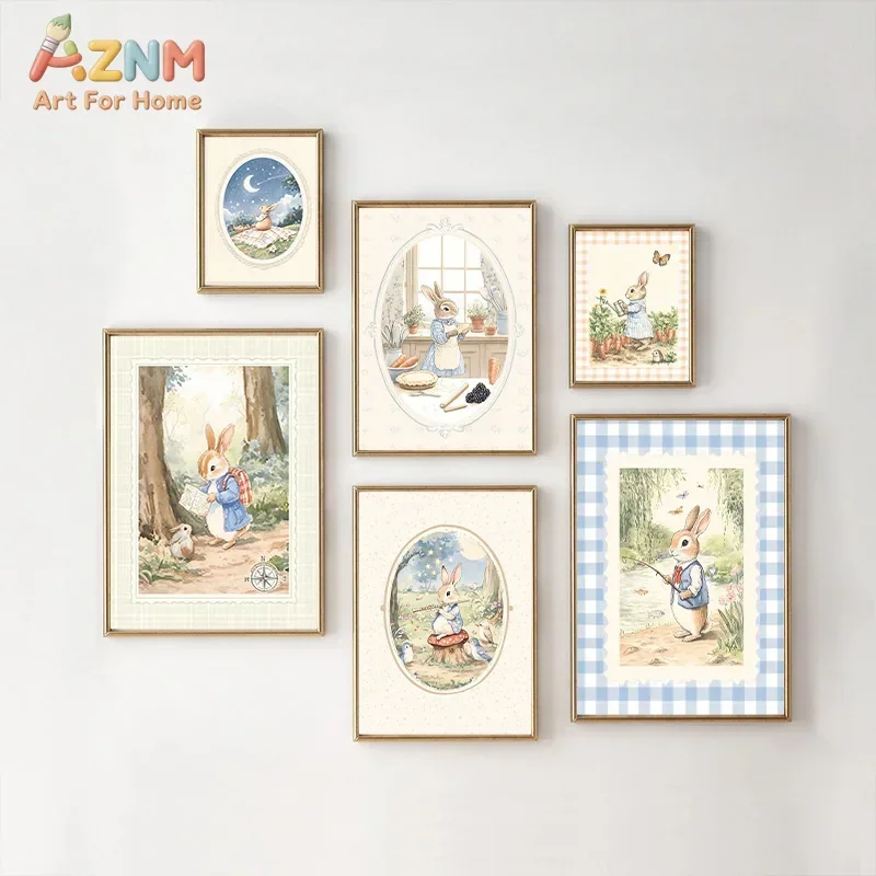 AZNM Vintage Peter Rabbit Canvas Wall Art, Classic Bunny Storybook Watercolor Nursery Art Print, Unframed Canvas Painting for Ki