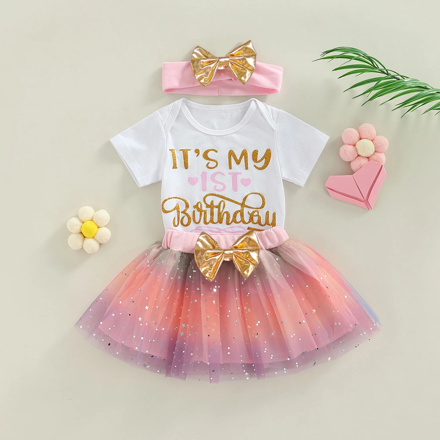 Baby Girls 1 2 Years Birthday Tutu Dress Toddler Girls 1st Birthday Party Christening Outfits Romper Skirt Headband Baby\'s Set