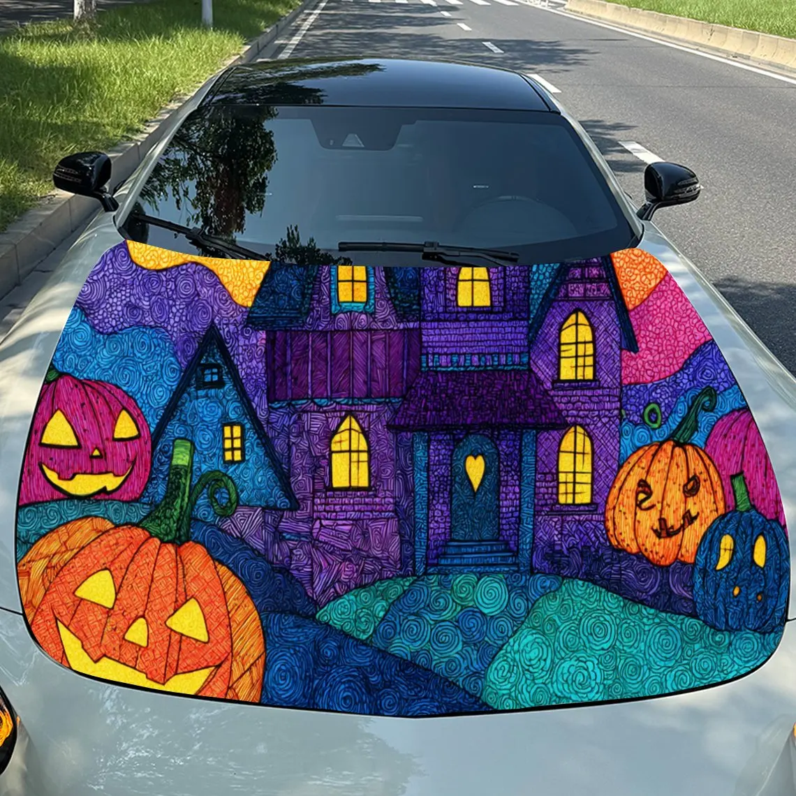 

Colorful Halloween House with Pumpkins Car Engine Hood Vinyl Wraps Sticker, Trendy Auto Cover Decal, Waterproof Self-adhesive Ve