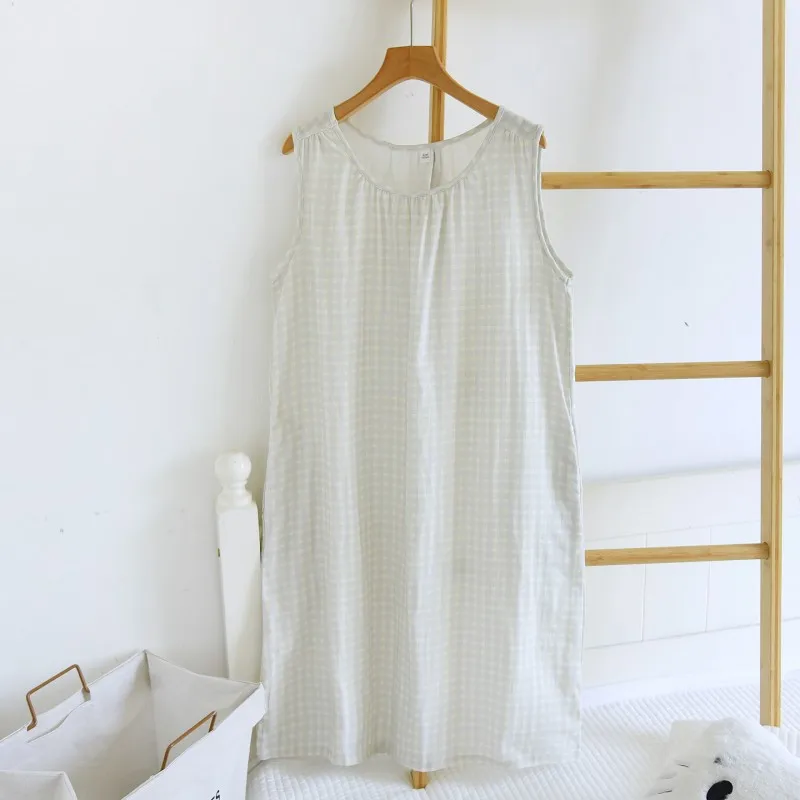 Pure Cotton Double Layer Vest Sleep Dress Women's Spring/Summer Round Neck Mid-Length Loose Dress Sleeveless Home Wear Skirt
