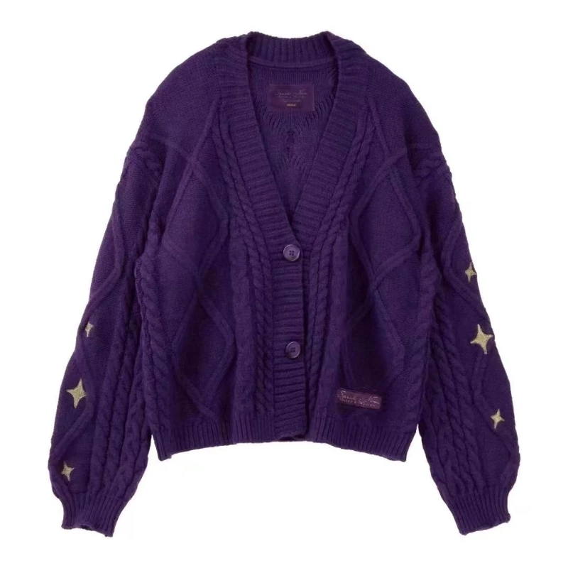 

Deeptown Vintage Y2k Star Knitted Cardigans Women Embroidered Purple Long Sleeve Cardigans Autumn Winter Casual Sweater Coat