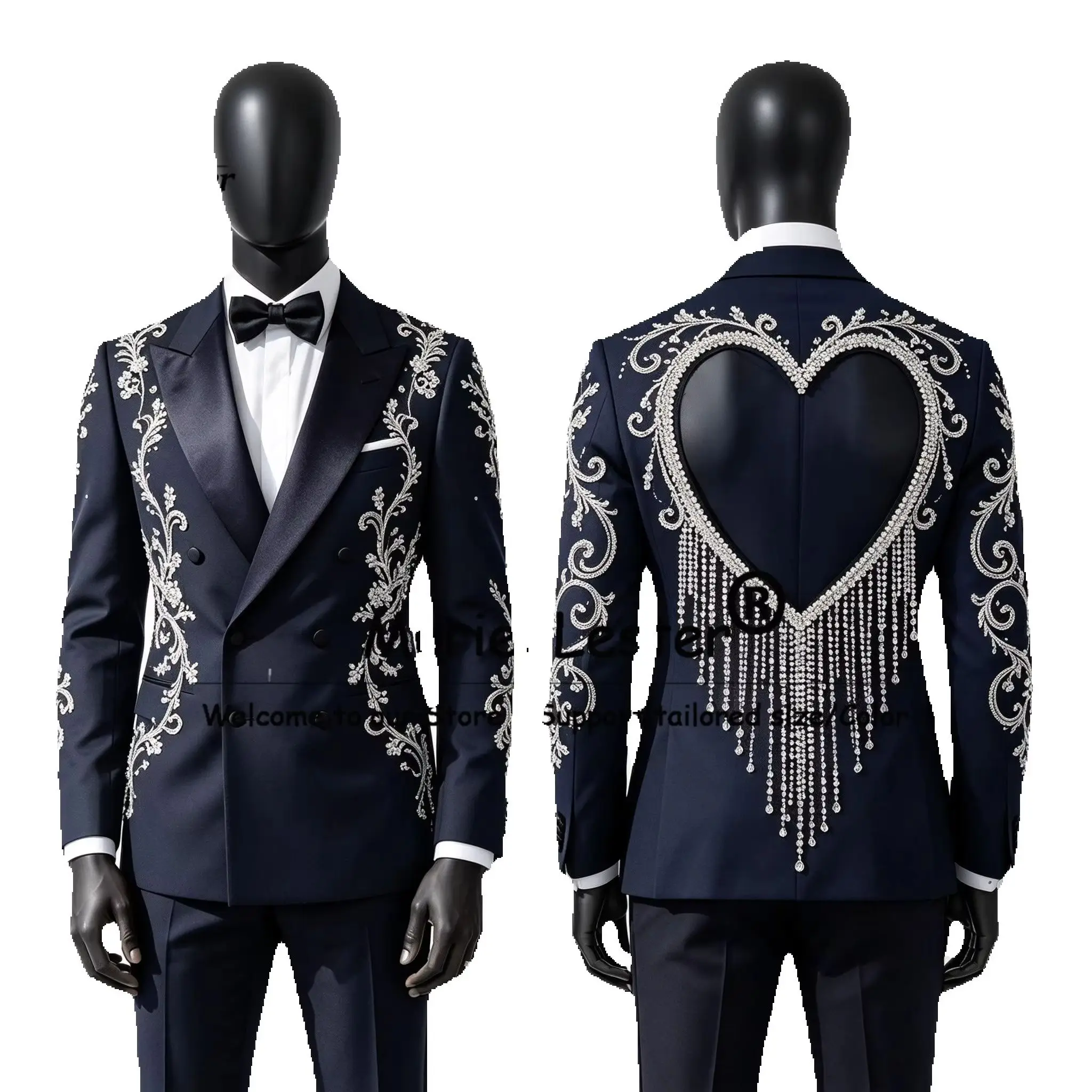 Luxury Men's Suit Set Customized Rhinestone Beaded Jacket Pants 2 Piece Sets Illusion Tulle Back Groom Wedding Tuxedo Attires