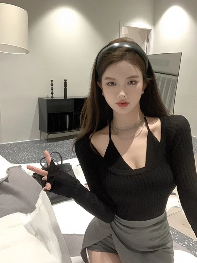 

Vintage Long-sleeved Fake Two-piece Solid Pull Femme Sweater Women 2023 Spring New Halter Neck Sexy Slim Knitted Crop Top