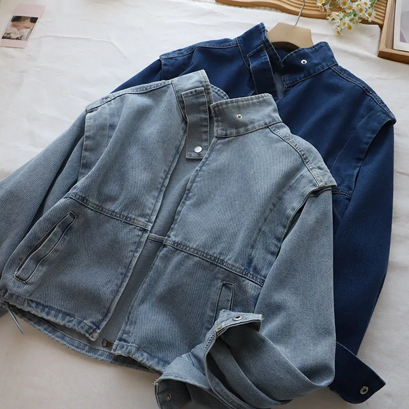 

Women's Zipper Denim Jaet Stand Collar Loose Fit Casual Sle ort Length American Retro Early Spring New Arrival Top