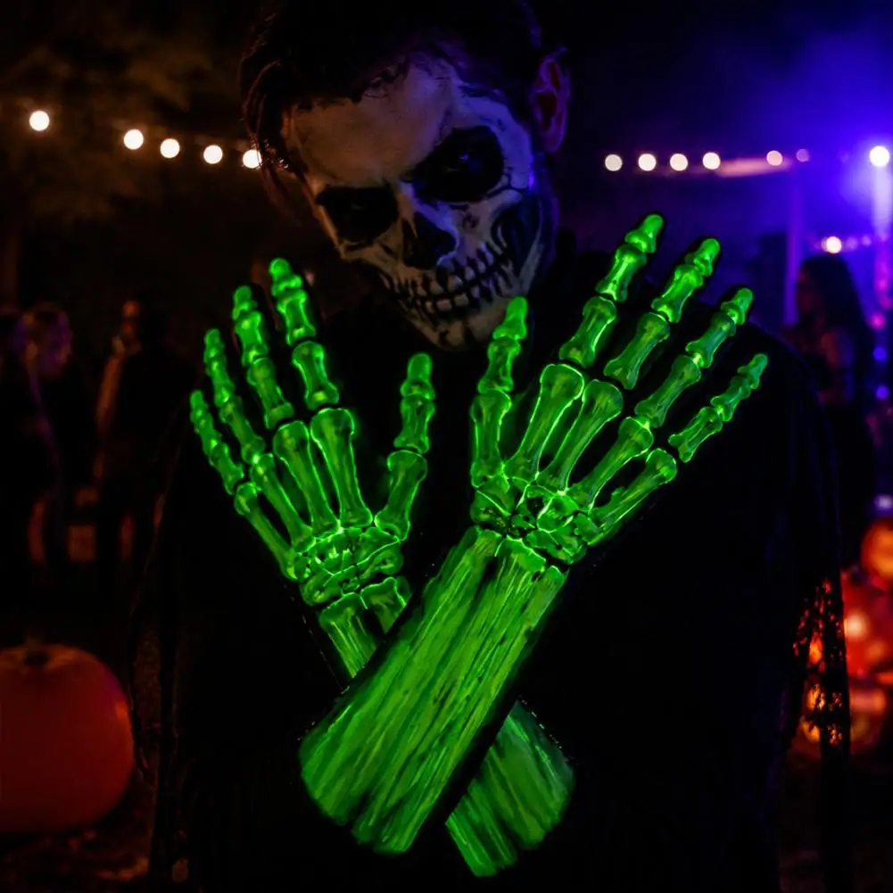2026 NEW Halloween Horror Glow In The Dark Skeleton Gloves Long Arm Bone Print Halloween Cosplay Skull Hand Costume Accessory