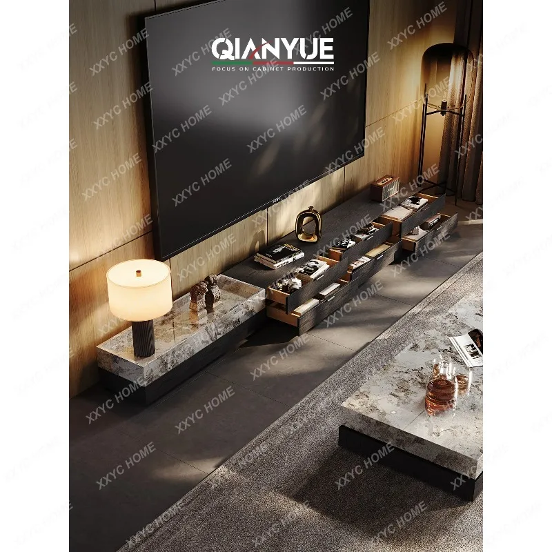 XXQianyue Light Luxury High-end TV Cabinet Snow Mountain Flying Fox Luxury Stone High-end Villa Large Flat Black Tall TV Cabinet