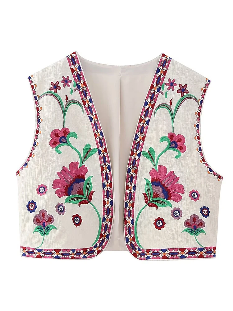 HH سترة نسائية عتيقة مطرزة بالزهور 2024 كاجوال بدون أكمام سترة بوهو مقصوصة صدرية ملابس خارجية فضفاضة #4