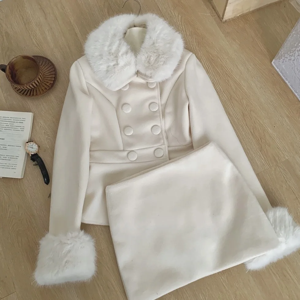 الخريف الفرنسية الفراء طوق وأصفاد الفراء الراقية الخصر محرك مزدوجة الصدر أعلى وقصيرة المألوف عارضة تنورة صغيرة مجموعة