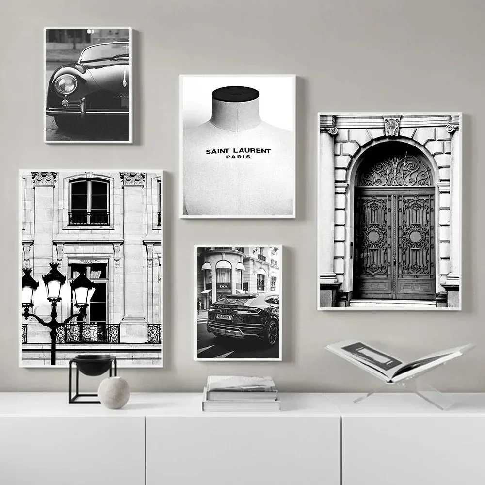 سوبر سيارة فاخرة متجر الأزياء أسود أبيض الرسم على لوحات القماش الجدارية الشمال الملصقات والمطبوعات جدار صور غرفة المعيشة ديكور #1