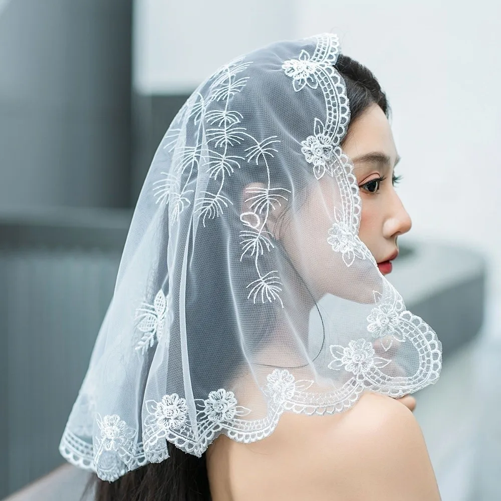 

Модный кружевной шарф-вуаль с вышивкой, тонкая дышащая повязка на голову с цветами, удобный однотонный платок-вуаль для невесты, женский