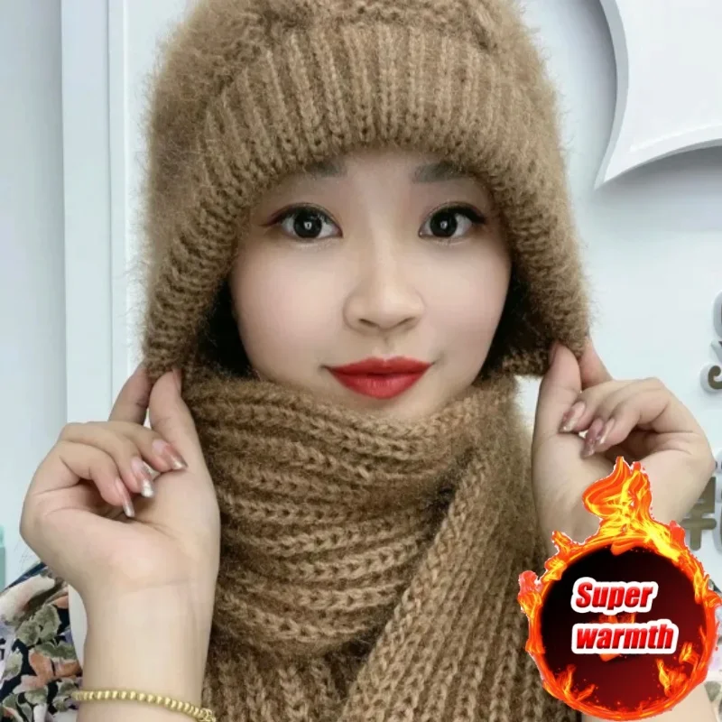 Warm Winter Hat Scarf Beanie Set for Women Fleece Lined Windproof Ear Flap Thermal Knitted Cap with Neck Cover for Cold Weather