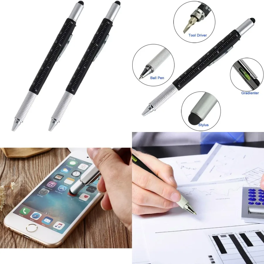 

7-in-1 Multi-Tool Stylus Pen with Touchscreen Functionality Ballpoint Ink Built-in Ruler and Level Phillips and Flathead Screwd