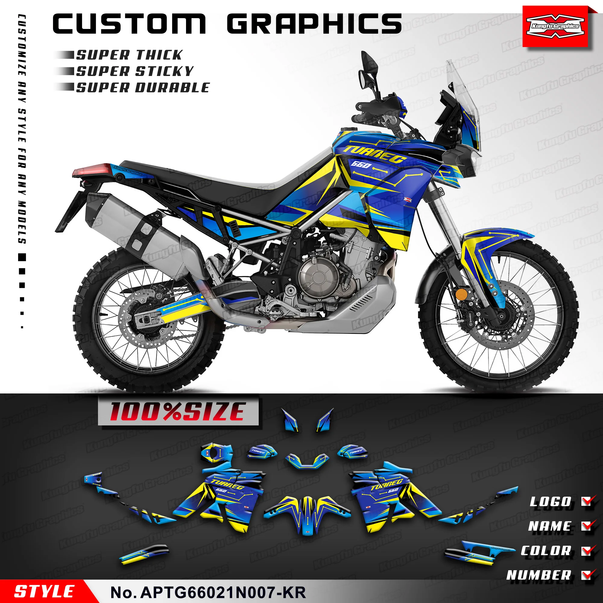 

KUNGFU GRAPHICS Rebuild Kit Racing Sticker for Aprilia Tuareg 660 2021 2022 2023 Blue Yellow, APTG66021N007-KR