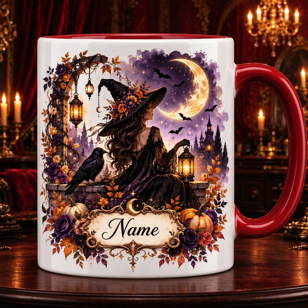 2D 1pc 11oz Personalized Moon Witch Raven Coffee Mug, Halloween Gift for Bestie, Water Cup Hand Wash Only, Microwave Safe