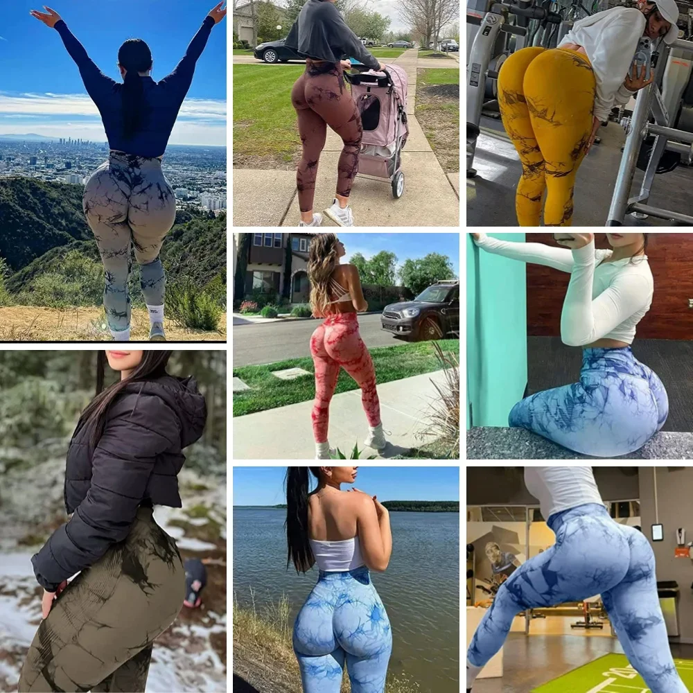 푸쉬업 하이웨이스트 심리스 타이다이 요가 팬츠 여성용 타이트 피트니스 러닝 운동복 짐 스포츠 팬츠 레깅스