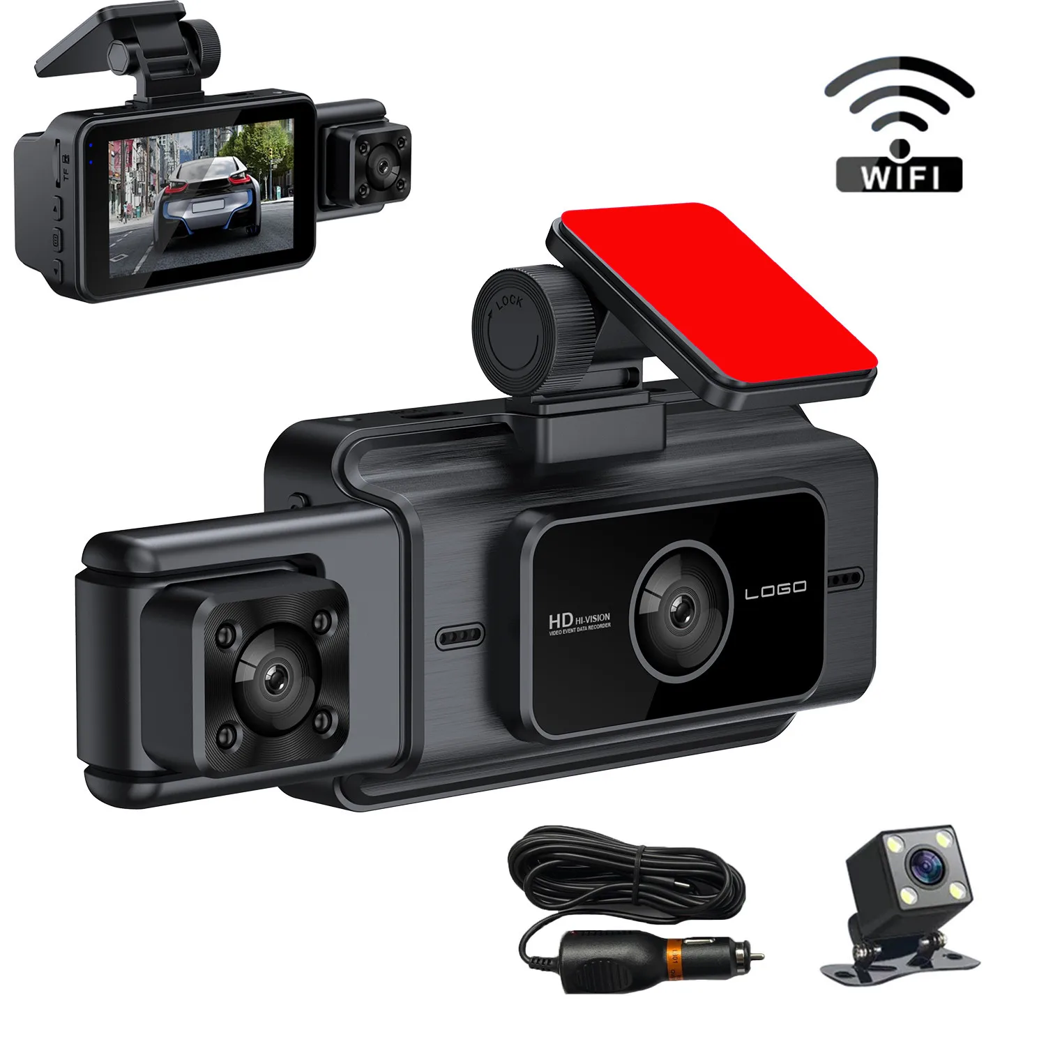 

WiFi Version Car Driving Recorder, 1080P Front+480P Built-in+480P Rear Three Lenses, 3-inch IPS Screen, 170° Front+120°