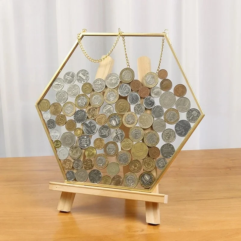 Hexagonal Glass Storage Box Coin Collection Box Photo Frame Specimen Holder Picture Frame Photo Rack Display Stand Organizer