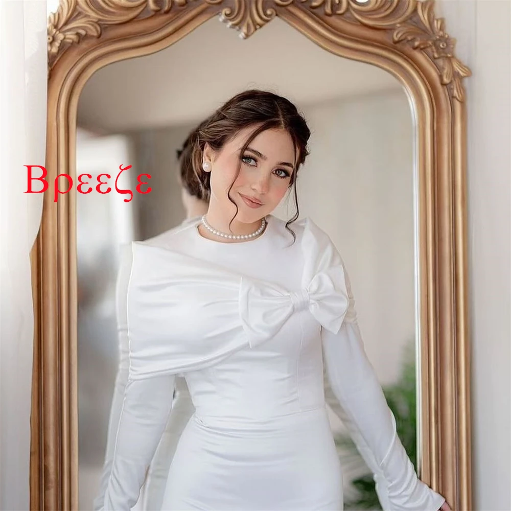 ที่กําหนดเองโรแมนติกสีขาวซาตินชุดแต่งงานประณีตลูกเรือคอผ้าคลุมไหล่แขนยาว Chapel Train Mermaid ชุดเจ้าสาว