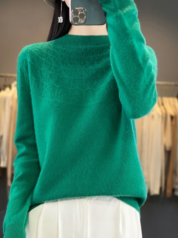 Autumn And Winter New Women\'s Hollow Knit Woolen Sweater Half High Neck Loose Jumper Long Sleeve Bottom Shirt - ZD904