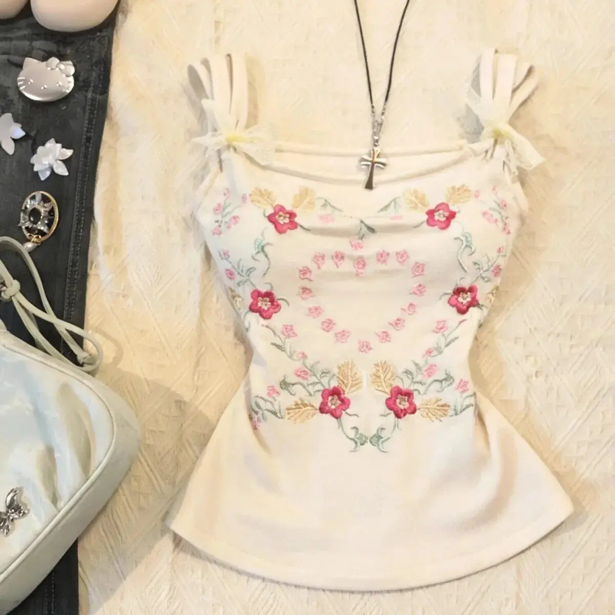 Japanese Kawaii Sweet Sexy Girl Crop Tops 2000s Women Clothes Vintage Flower Print Lace Bow Sling Tops Aesthetic Trendy Camis